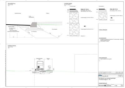 Tegninger som viser detaljerte konstruksjoner for overbygning, splid og normalprofil for en vei eller gangvei.