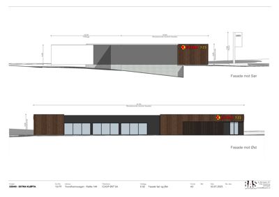 Tegning som viser fasadeoppsett for bygningen sett fra sør og øst, inkludert mål og materialer.
