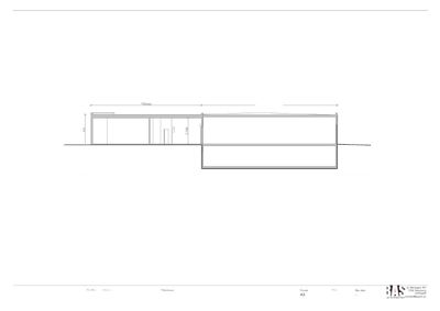 Snittegning som viser tverrsnitt gjennom en bygning med oppriss av eksisterende og tilbygg.
