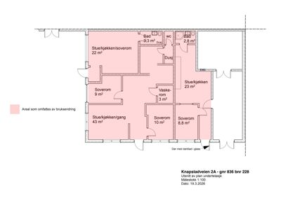 Etasjeplan (undersjikt) for en bygning på Knapstadveien 2A, som viser romfordeling, arealer og bruksendring.