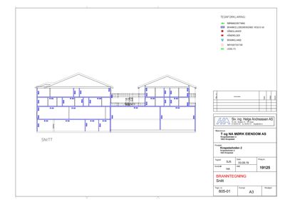 Snittegning som viser bygningens tverrsnitt med brannvern- og sikkerhetssystemer (sprinkler, håndmelder, røykdetektor).