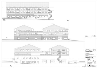 Fasadetegning som viser bygningens utseende fra syd og vest, inkludert vinduer, balkonger og trapper.