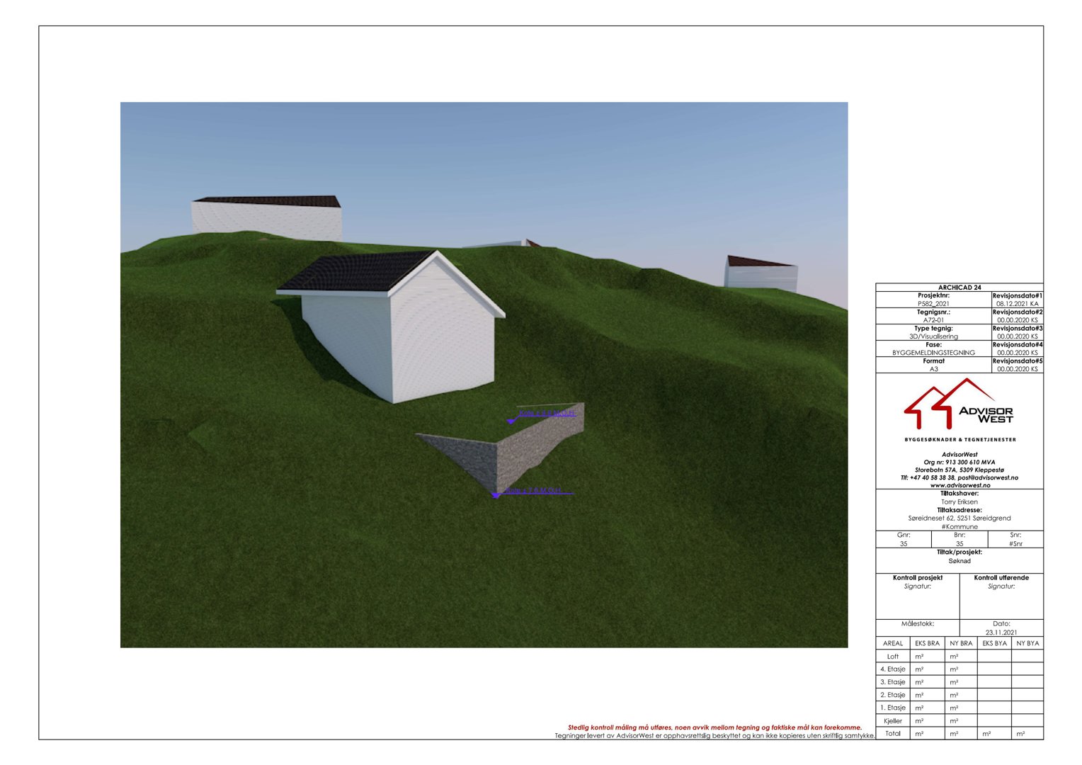 3D-visualisering av en hytte på en skråning med en steinmur og en vei.
