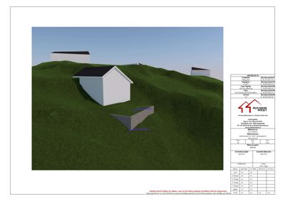 3D-visualisering av en hytte på en skråning med en steinmur og en vei.