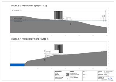 Tegning som viser terrengprofil og bygningens plassering i forhold til terrenget sett fra siden (snitt).