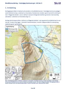 Kart over et kartleggingsområde i Vestvågøy kommune, med topografi, vannveier og arealmarkeringer.