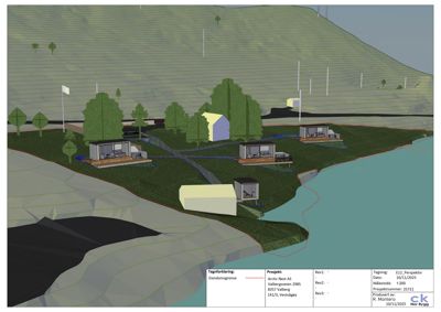 3D-visualisering (rendering) av et prosjekt med flere hytter eller containerboliger plassert på et kupert terreng ved vann. Bildet viser landskap, vegetasjon, veier og bygninger i perspektiv.