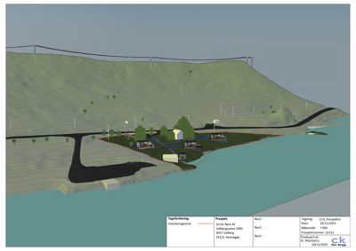 3D-visualisering (rendering) av et prosjektert bygganlegg sett fra et perspektiv som viser terrengform, vann og plassering av bygninger.