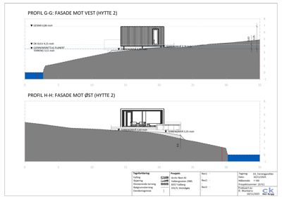 Tegning som viser tverrsnitt (profil) av bygningens grunnmur og terrengforhold langs fasade mot vest og øst.