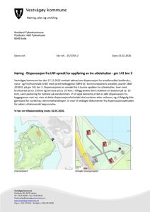 Et dokument fra Vestvågøy kommune som viser et oversiktskart og en omsøkt situasjonsplan for en byggesak.