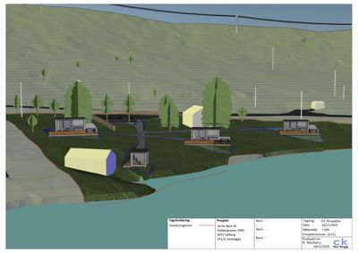 3D-visualisering (rendering) av et prosjektert bygganlegg med omgivende terreng, vegetasjon og vann.