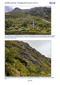 Fotografier av en dalside med ustabil bergvegg og vifteformer, tatt som del av en skredfarevurdering.