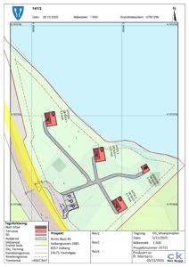 Situasjonsplan som viser tomtens beliggenhet, eksisterende og nytt tiltak (hus), veier, eiendomsgrenser og topografi.