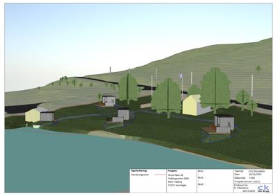 3D-perspektivvisualisering av et boligfelt med flere hus, trær og terrengformet langs et vann.