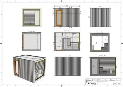 En teknisk tegning som viser detaljerte snitt (A-A, B-B, C-C, D-D) og fasadeoppsett for en liten bygning eller container.