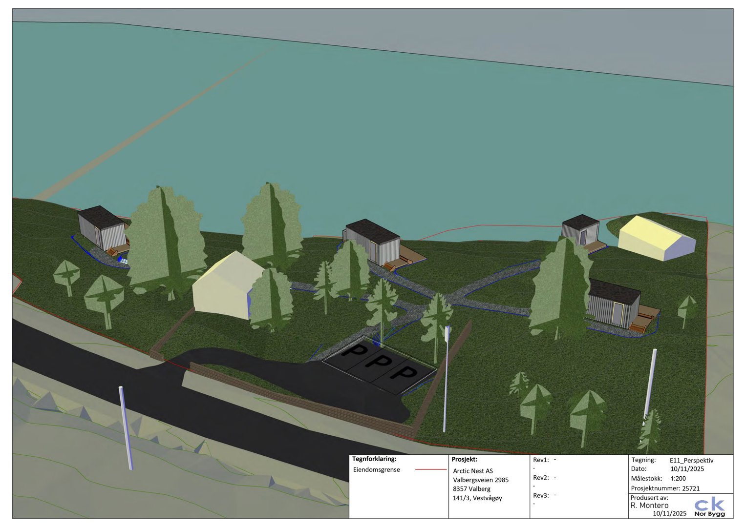 3D-visualisering (perspektivtegning) av et tomt med flere bygninger, parkering og omgivelser.
