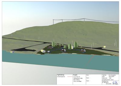 3D-visualisering (perspektivtegning) av et prosjekt med bygninger, veier og terrengform.