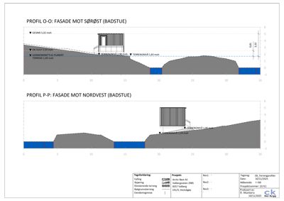 Tegning som viser tverrsnitt (profil) av bygningens fasade i forhold til terrenget.