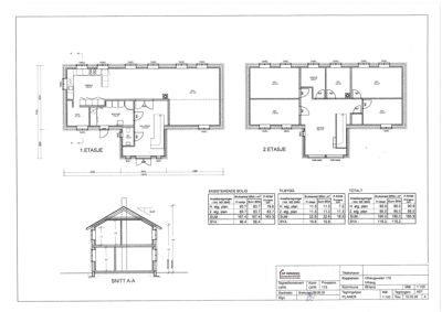 Etasjeplaner (1. og 2. etasje) med romfordeling, dører, vinduer og arealoppdelinger, samt et snitt (SNITT A-A) og arealoversikt.