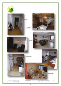 Et fotografi som viser flere rom i en bolig (gang, kjøkken, stuer, baderom, soverom) med romnavn angitt.