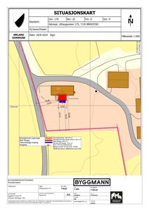 Situasjonskart som viser eiendomsgrunn, eksisterende og nytt bygg, veier og innkjørsel.