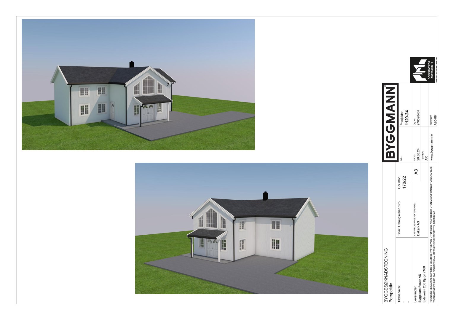 3D-visualisering av en husfasade sett fra to ulike vinkler.