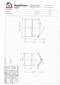 Tegning med mål for en takkonstruksjon (takkant, takfot, takhøyde) med tilhørende beregninger for areal og materialebehov.