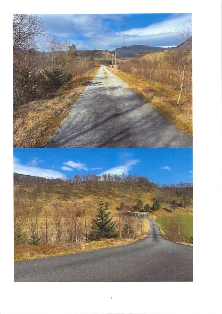 Fotografi av en vei i et landskap med fjell i bakgrunnen. Bildet viser eksisterende forhold.