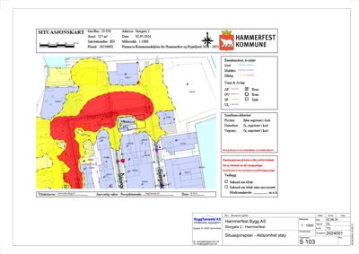 Situasjonskart som viser eiendomsforhold, areal, vassdragsforhold og bygningers plassering i forhold til hverandre.