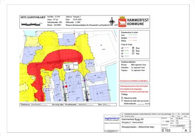 Situasjonskart som viser bygningens plassering i forhold til nabolag, gater og grunnkvalitet.