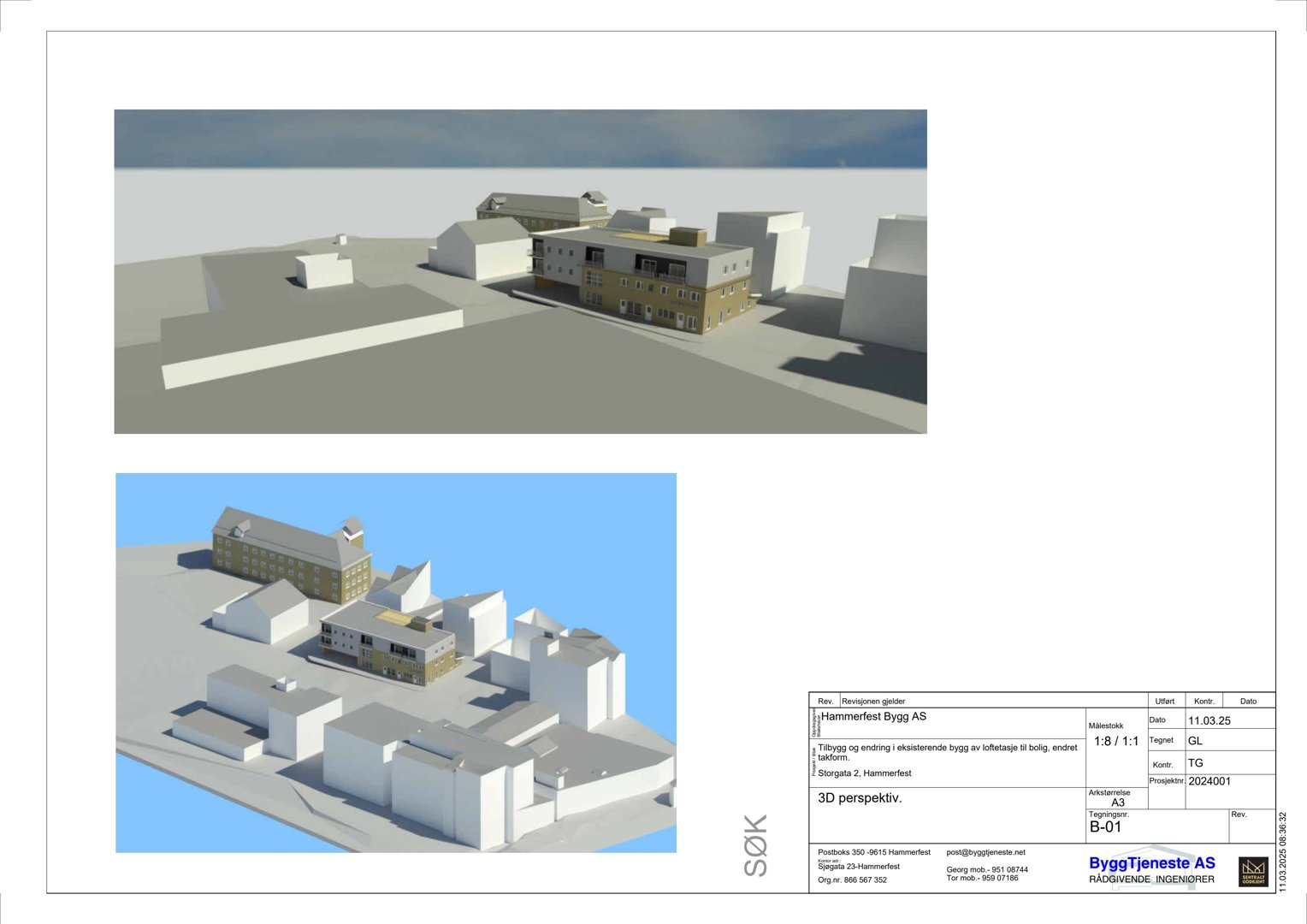 Bildet viser to 3D-perspektivtegninger (renderinger) av et byggeprosjekt. Øverste bilde viser en oversikt over området, mens nederste bilde viser en nærmere vinkel på bygningene.