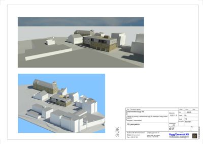 Bildet viser to 3D-perspektivtegninger (renderinger) av et byggeprosjekt. Øverste bilde viser en oversikt over området, mens nederste bilde viser en nærmere vinkel på bygningene.