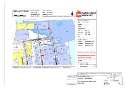 Situasjonsplan som viser bygningens plassering i forhold til nabolaget, eiendomsgrenser, vassdrag og kommunale planer.