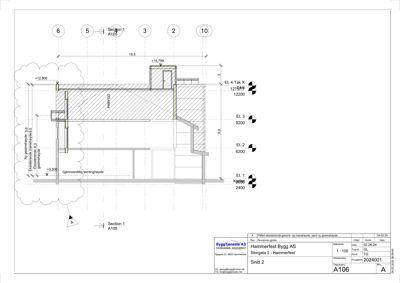 Snittegning (Snitt 2) som viser bygningens tverrsnitt, høyder, konstruksjoner og nivåer.