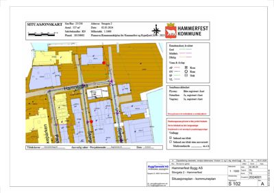 Situasjonskart som viser eiendomsforhold, areal, naboeiendommer og kommunale planer for Storgata 2 i Hammerfest.