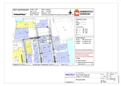 Situasjonskart som viser bygningers plassering, tomtegrenser og infrastruktur i Hammerfest.