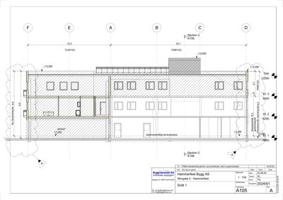 Snittegning (Snitt 1) som viser bygningens tverrsnitt, høyder, etasjer og konstruksjonsdetaljer.