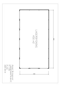 Etasjeplan (eller grunnplan) for en lagerbygning med angitte mål og areal.