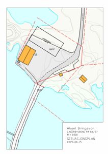 Situasjonsplan som viser tomtens beliggenhet, omgivelser, veier og vannmasser.