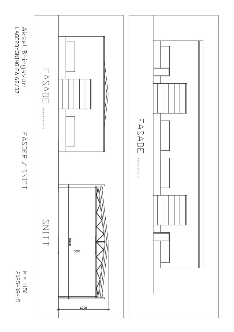 Tegning som viser fasadeoppsett og snitt for en bygning (Lagerbrygning).