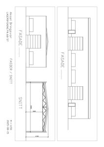 Tegning som viser fasadeoppsett og snitt for en bygning (Lagerbrygning).