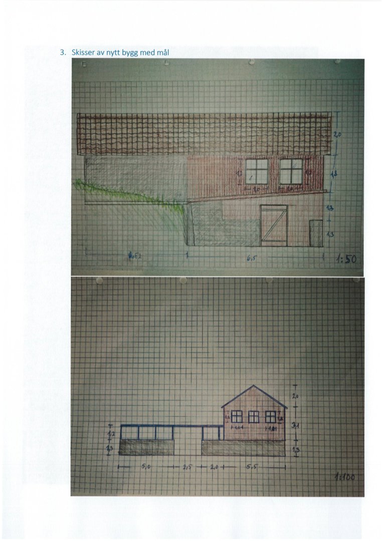 Bildet viser to håndtegnede fasadetegninger (opprikk) av et nytt bygg med mål og skaleringsforhold.