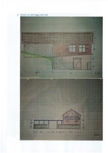 Bildet viser to håndtegnede fasadetegninger (opprikk) av et nytt bygg med mål og skaleringsforhold.