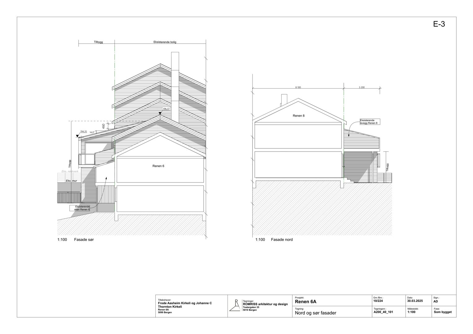 Fasadetegning som viser oppriss av bygningens nord- og sørfasade med mål og detaljer.