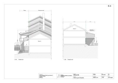 Fasadetegning som viser oppriss av bygningens nord- og sørfasade med mål og detaljer.