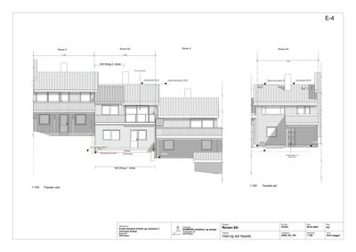 Tegning som viser fasadeoppsett for bygningen 'Renen 6A' sett fra vest og øst.