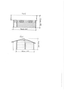 Håndtegnet fasadetegning som viser bygningens utseende fra to sider (SØR og VEST) med mål.