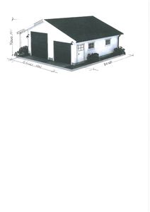 3D-visualisering av en garasje med mål angitt.