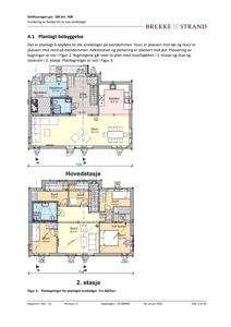 Bildet viser plantegninger for planlagt bebyggelse, inkludert etasjeplaner for 1. og 2. etasje med romfordeling og mål.