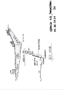 Håndtegnet snittegning som viser en ny mur ("FRADE NY MUR") og en naturlig steinmur i et terreng med høydeforskjeller. Tegningen inkluderer målspesifikasjoner som "HOYDE FRA 100-250 CM" og "H = CA 230", samt referanser til vei og markgrense.